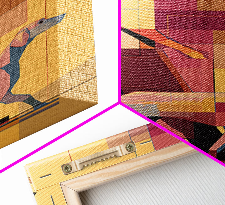 Pastel Man Walking Dog Canvas Print, Midcentury Modern Wall Art, Geometric Pink Orange Poster, Contemporary Pet Decor Gift