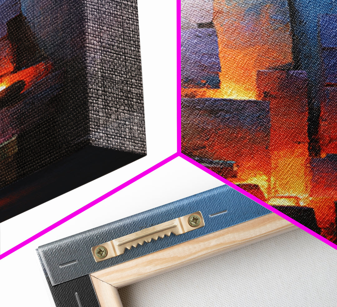 Glowing Brutalist Blocks And Candle Wall Art, Modern Abstract Art Print, Moody Blue Orange Decor, Industrial Home Office Poster