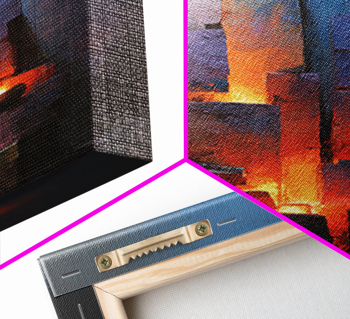 Glowing Brutalist Blocks And Candle Wall Art, Modern Abstract Art Print, Moody Blue Orange Decor, Industrial Home Office Poster