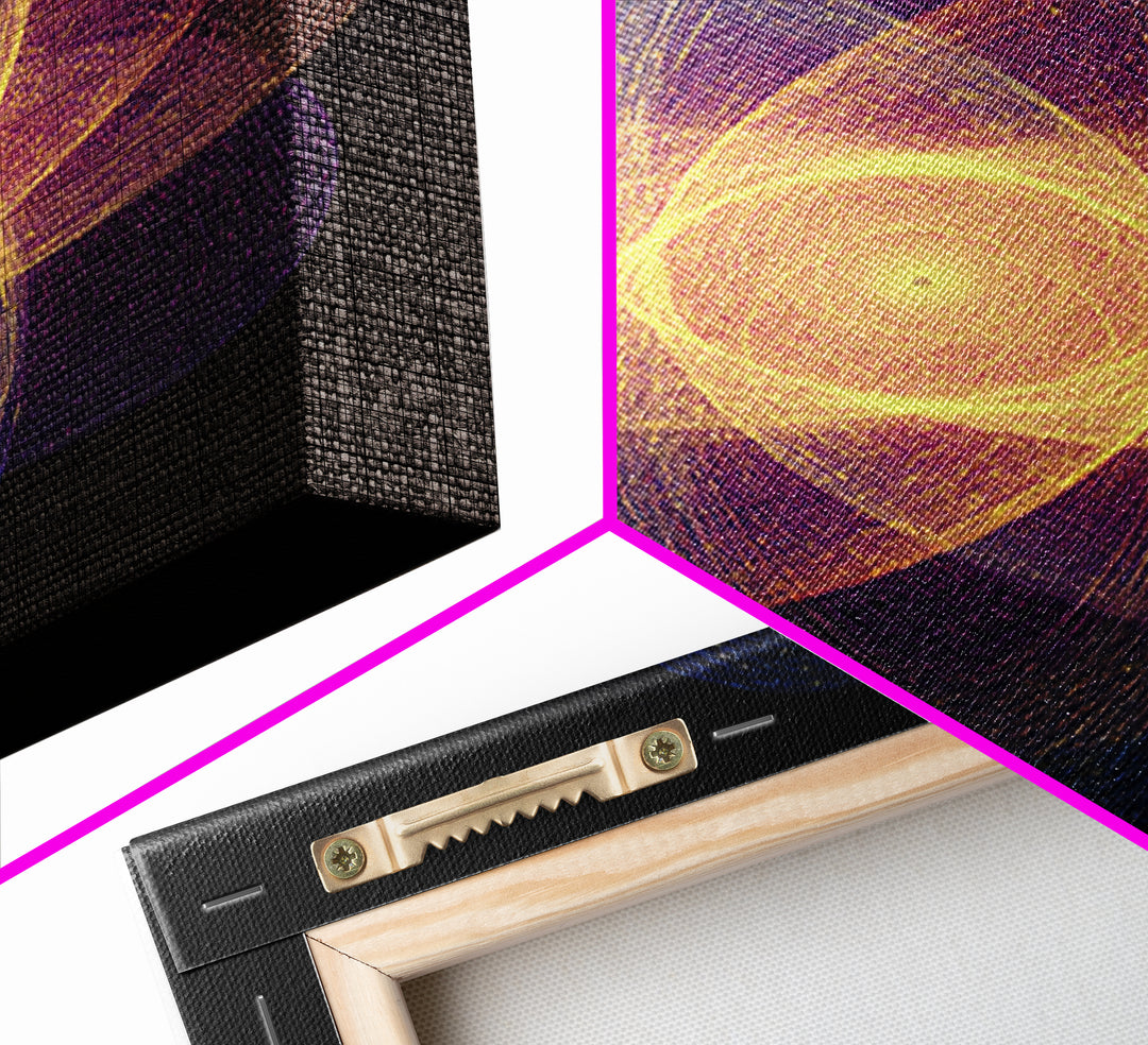 Radiant Purple Gold Atomic Flower Framed Canvas Print, Midcentury Modern Wall Art, Cosmic Geometric Art, Retro Decor Poster