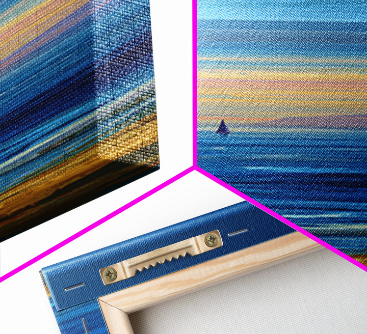Blue Coastal Sunset Sailboat Framed Canvas Print, Ocean Beach Wall Art, Modern Landscape Art, Nautical Living Room Decor