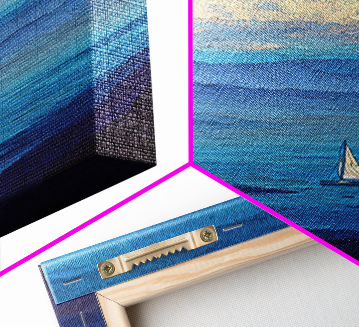 Textured Blue Mountain Lake Sailboat Wall Art, Scenic Coastal Landscape Print, Modern Home Decor, Peaceful Nature Artwork