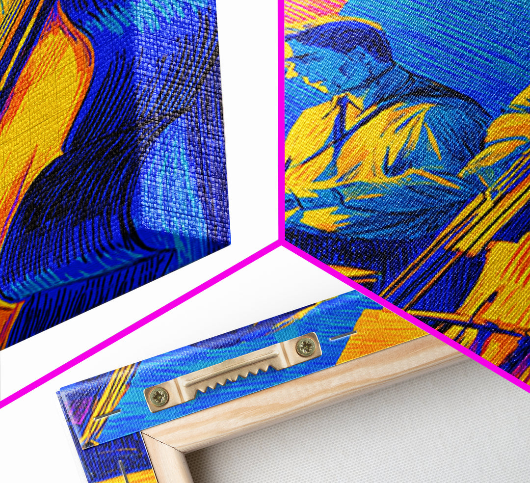 Neon Blue Yellow Jazz Trio Canvas Print, Bold Modern Wall Art, Colorful Music Poster, Midcentury Decor, Large Art Print Gift