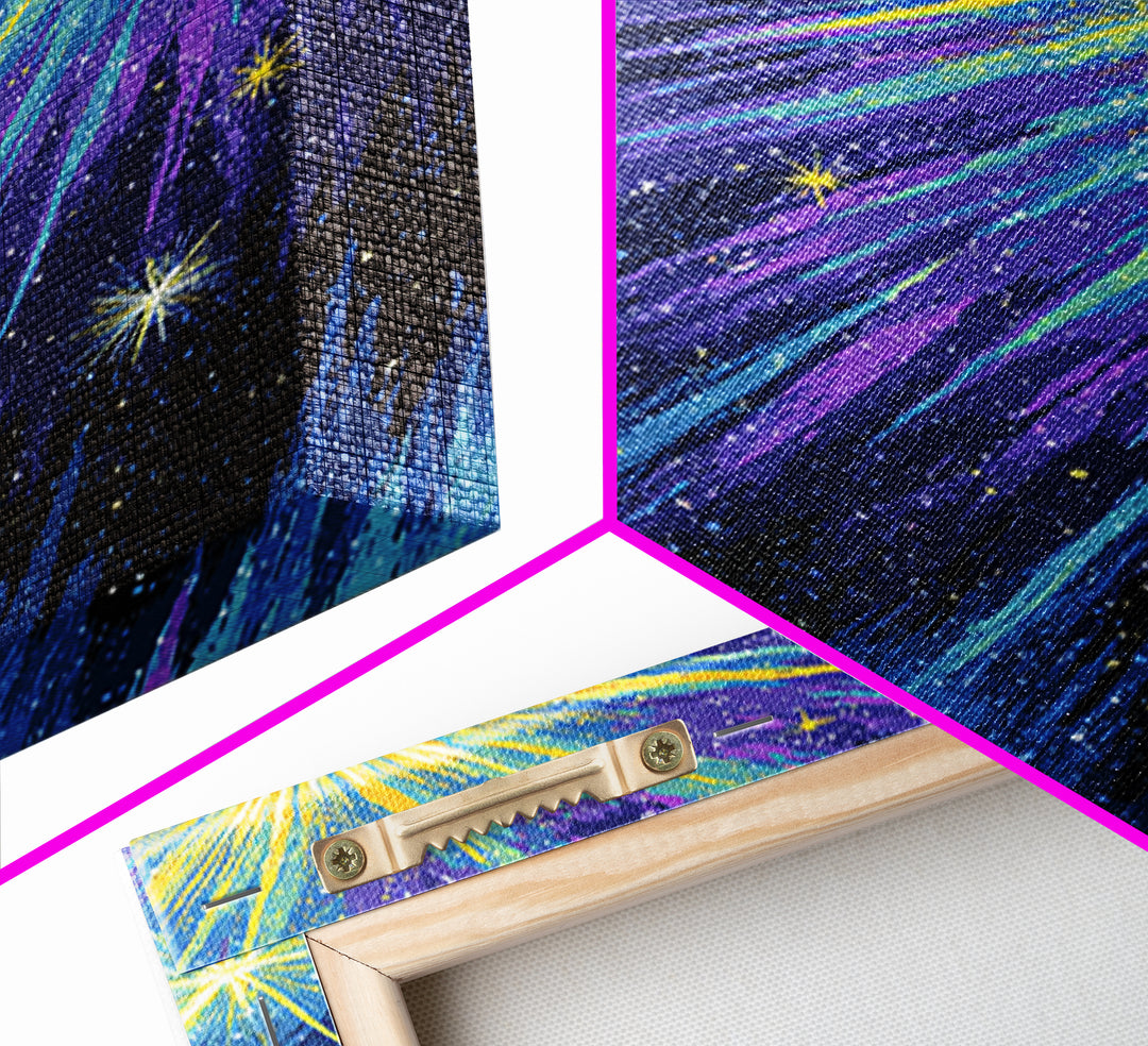 Radiant Comet Starburst Night Sky Framed Canvas Print, Cosmic Retro Wall Art, Space Abstract Art, Modern Home Decor, Gallery Wall Art