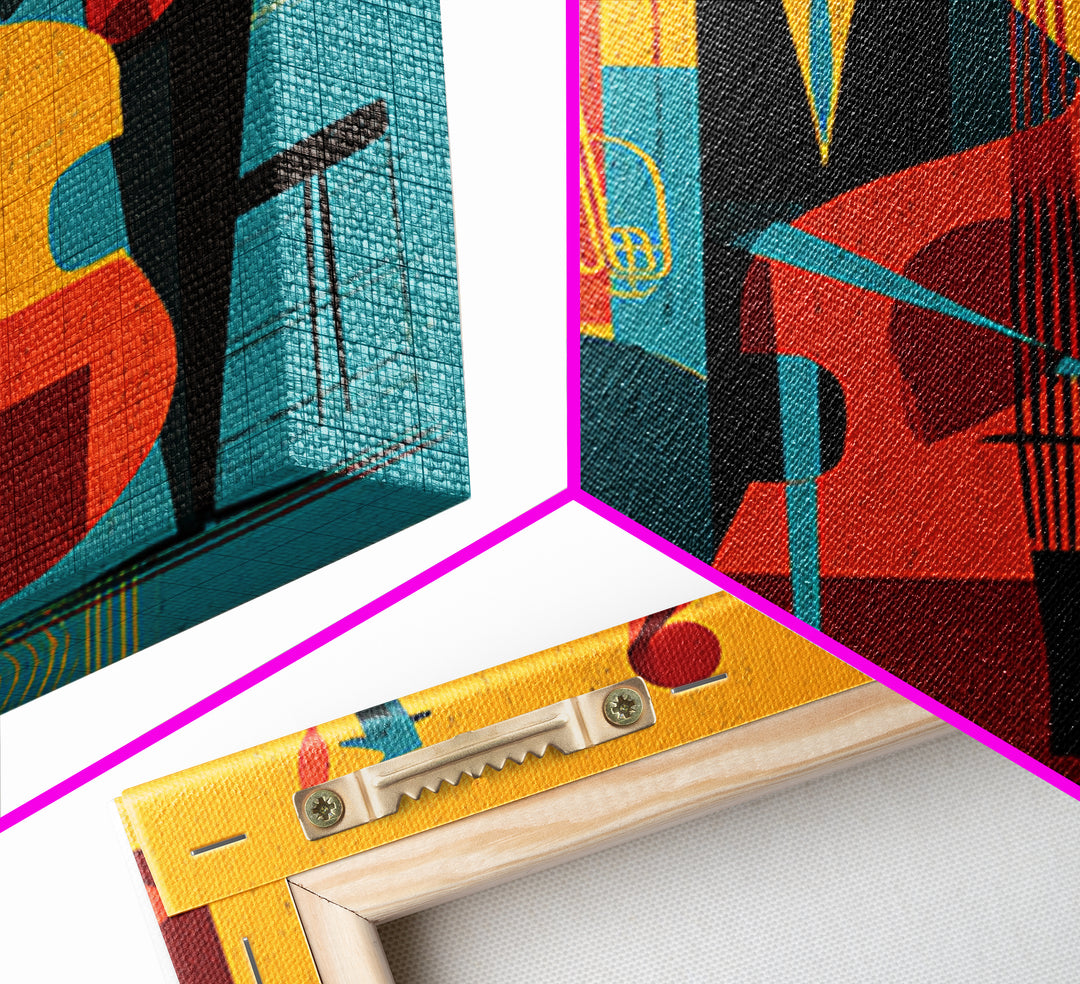 Retro Abstract Jazz Band With Bass And Saxophone Wall Art, Midcentury Modern Poster, Orange Teal Decor, Framed Canvas Print