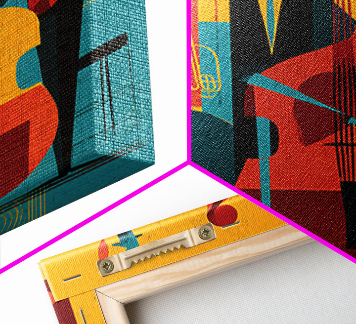 Retro Abstract Jazz Band With Bass And Saxophone Wall Art, Midcentury Modern Poster, Orange Teal Decor, Framed Canvas Print