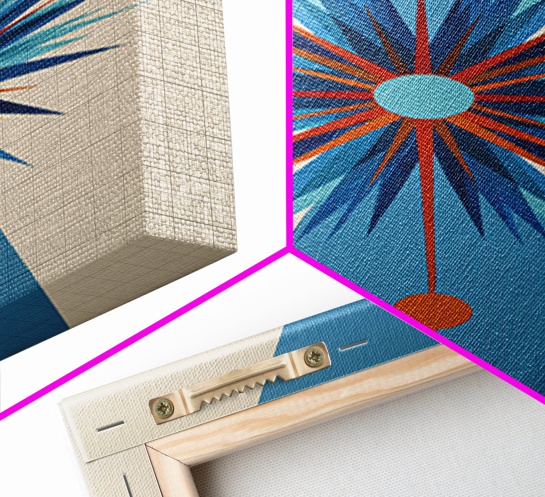 Blue Orange Atomic Starburst On Beige Canvas Print, Midcentury Modern Art, Geometric Wall Art, Retro Mcm Home Decor, 50s Art Print