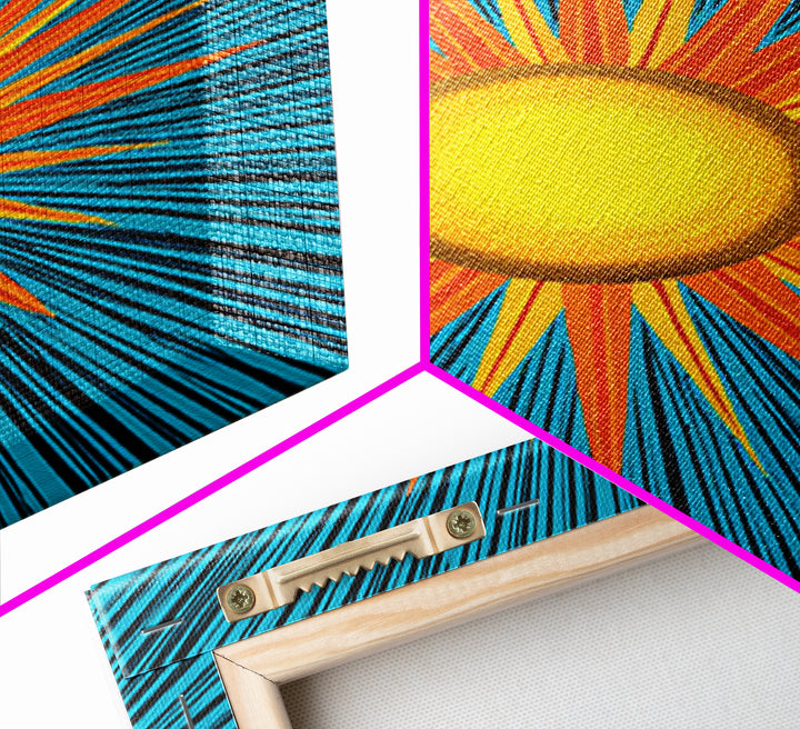 Bright Yellow Sunburst With Turquoise Rays Wall Art, Midcentury Sun, Modern Abstract Art, Retro Pop Art Poster Print, Living Room Decor