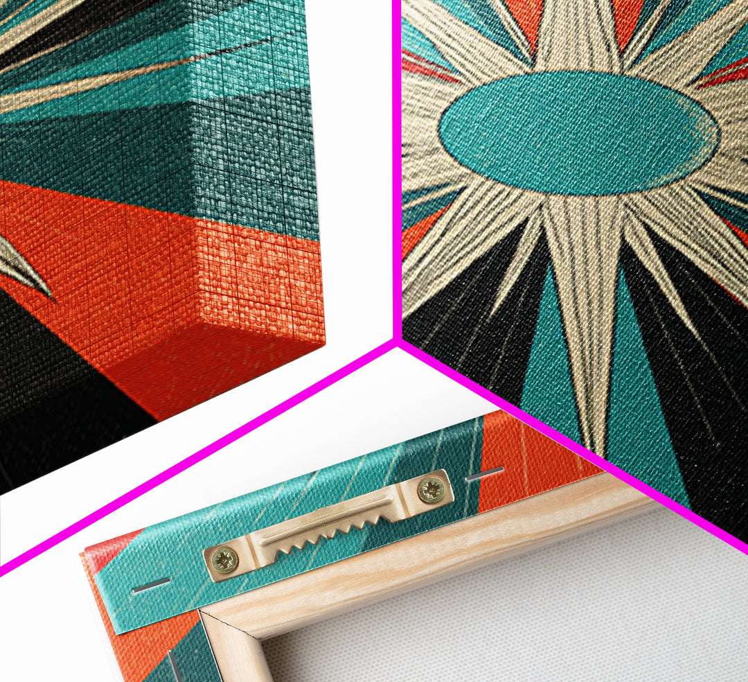 Teal Orange Retro Compass Starburst Framed Canvas Print, Midcentury Wall Art, Geometric Abstract, Atomic Mcm Wall Decor Print