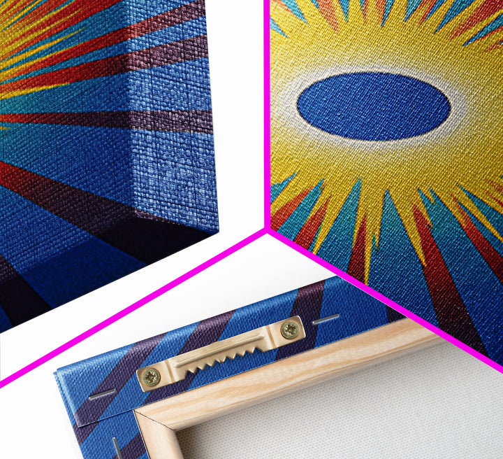 Blue Eclipse Sun With Yellow Burst Wall Art, Midcentury Modern, Space Abstract Art, Retro Poster, Bold Mcm Wall Decor Print
