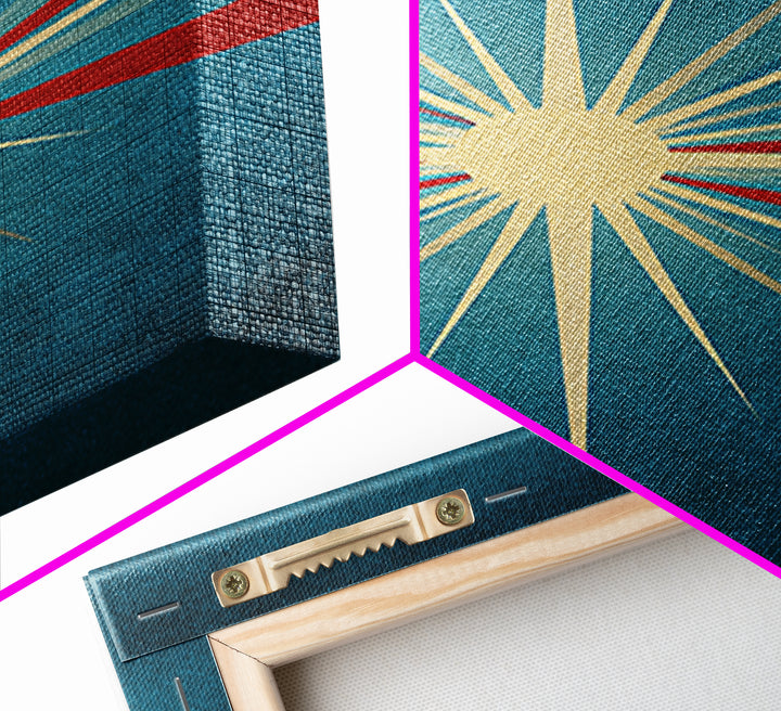 Minimal Teal Starburst With Red Rays Canvas Print, Midcentury Modern Wall Art, Atomic Retro Poster, Mcm Home Decor Print
