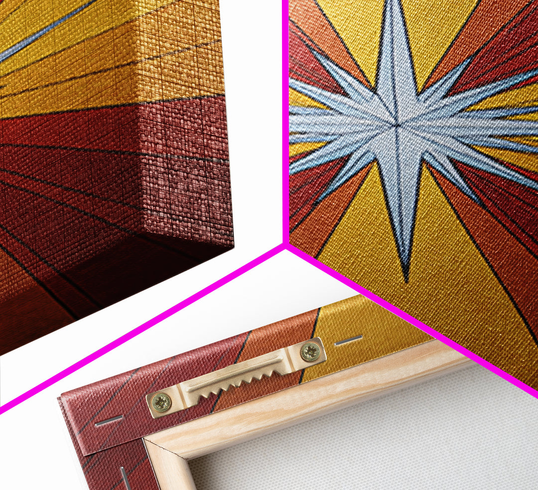 Red Gold Compass Star Canvas Print, Midcentury Modern Art, Atomic Retro Poster, Geometric Wall Decor, 1960s MCM Print Gift