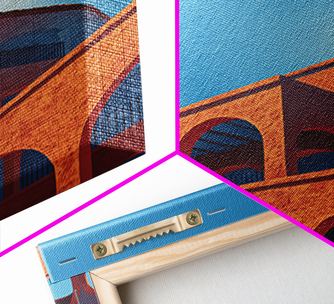 Terracotta Arcade With White Sun Wall Art, Modern Architectural Art, Palm Springs Decor, Orange Blue Travel Poster, MCM Print
