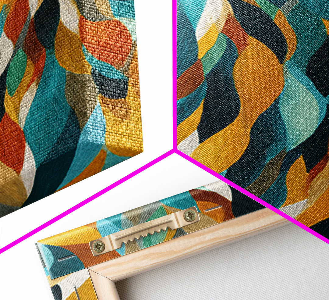 Layered Teal Mustard Leaf Abstract Wall Art, Mid Century Modern Canvas Print, Retro Geometric Statement Living Room Decor