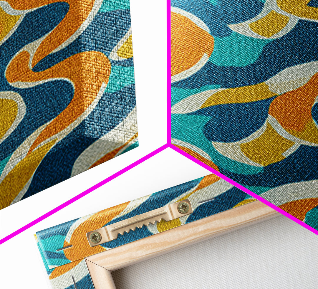Wavy Teal Gold Ribbon Abstract Wall Art, Mid Century Modern Canvas Print, Retro Geometric Pattern Bedroom Living Room Decor