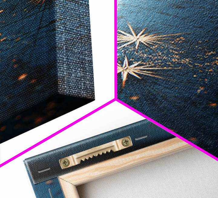 Gold Starburst Night Sky Wall Art, Blue Celestial Abstract Print, Midcentury Modern Decor, Bedroom And Living Room Decor