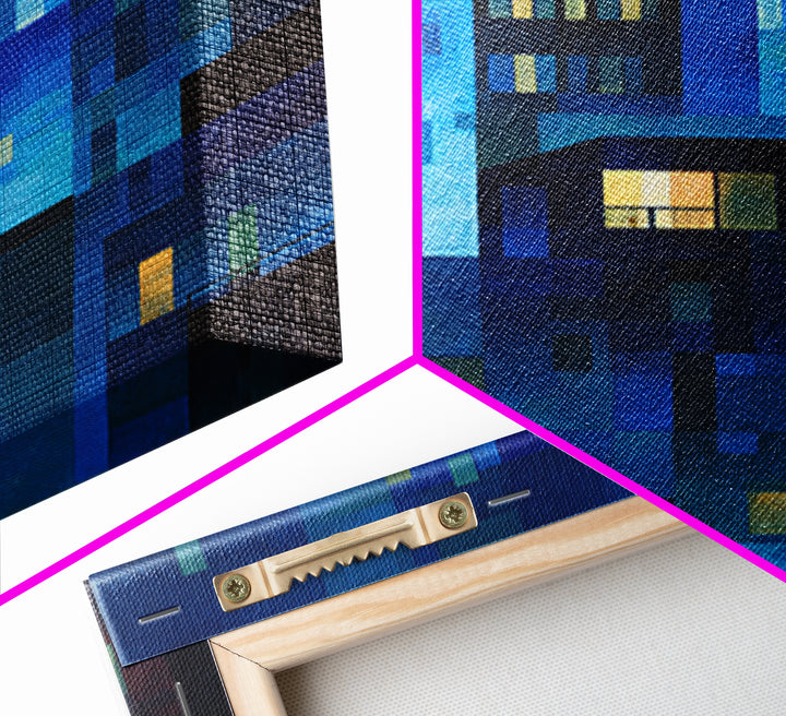 Abstract Blue City Blocks Wall Art, Geometric Night Buildings Print, Midcentury Modern Decor, Contemporary Living Room Art