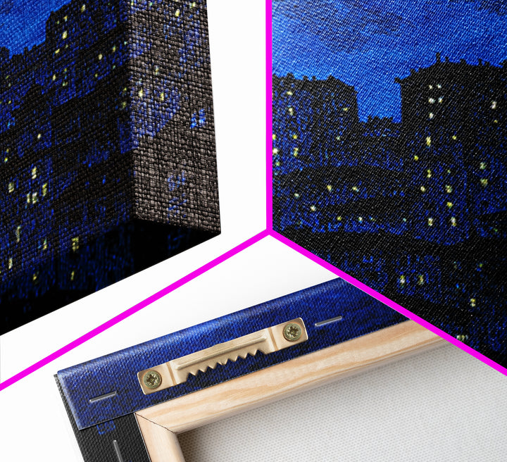 Indigo Linocut Cityscape Canvas Print, Night Skyline Wall Art, Blue Modern Art Print, Urban Home Office Decor Poster Gift