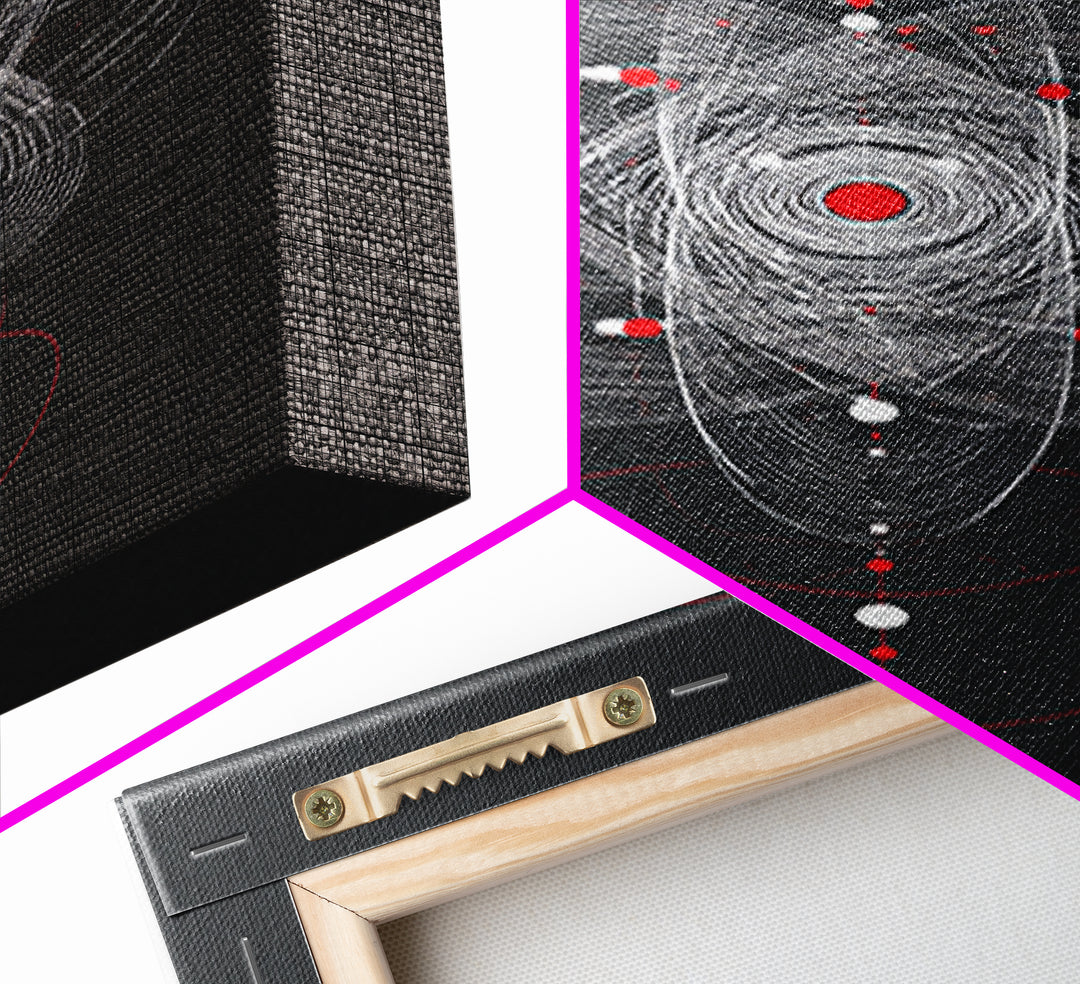 Atomic Orbit Geometry Wall Art, Red White Abstract Line Print, Midcentury Modern Decor, Space Sci Fi Poster For Office Studio