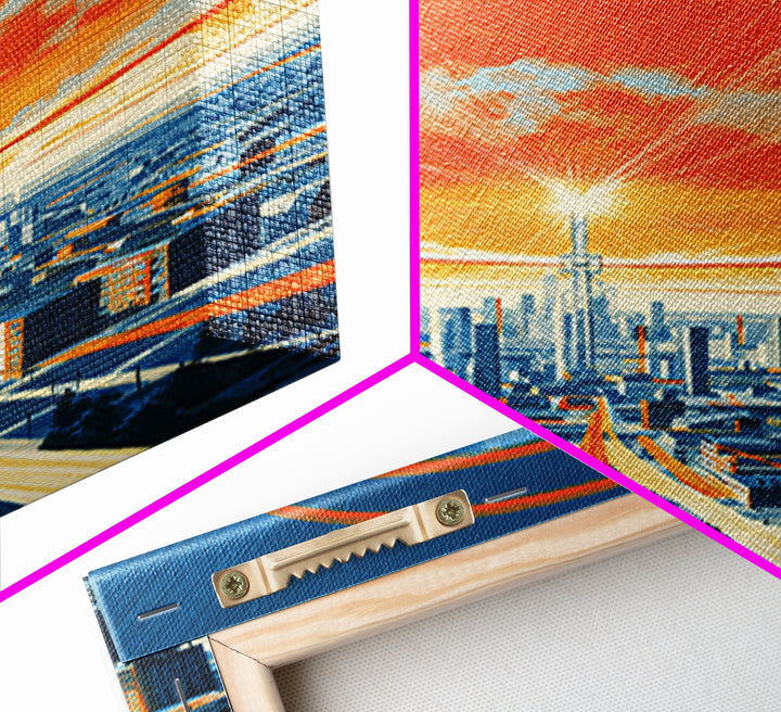 Retro Futurist City Sunset Wall Art, Orange Blue Midcentury Modern Poster, Architectural Art, Travel Wall Decor, Large Print