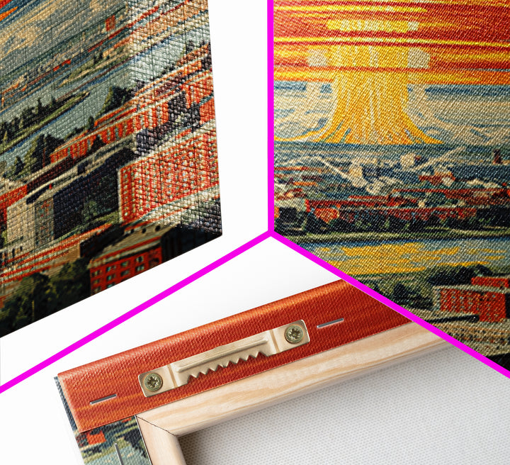 Retro Futuristic City With Orange Saucer Beam, Canvas Print, Mid Century Modern Wall Art, Sci Fi Poster, Atomic MCM Decor