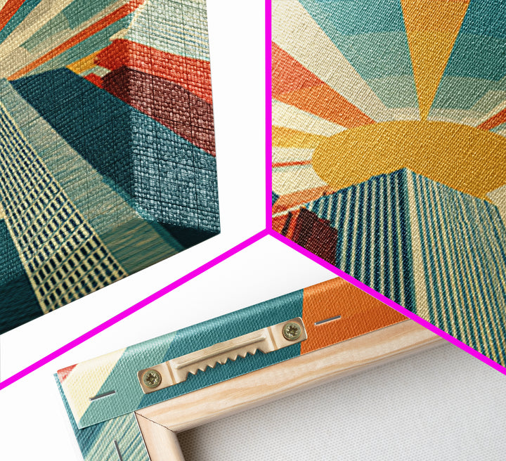 Low Angle Skyscrapers With Radiant Sun, Canvas Print, Mid Century Modern Wall Art, Geometric Poster, Retro Office Decor Print