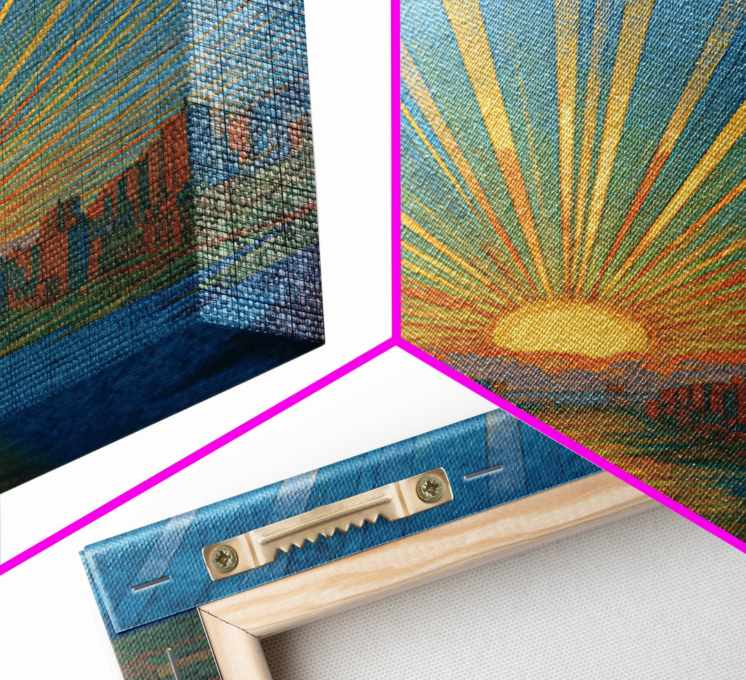 Blue River Sunset Over Modern City Skyline, Wall Art, Mid Century Modern Art Print, Retro Sun Poster, Teal Orange Decor