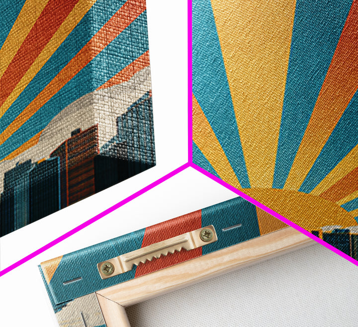 Bold Sunrise Behind Downtown Skyline, Canvas Print, Mid Century Modern Wall Art, Retro Geometric Poster, Teal Orange Decor