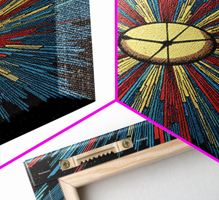 Bold Halftone Sunburst Clock Canvas Print, Retro Midcentury Wall Art, Atomic Space Poster, Colorful Modern Home Decor Gift