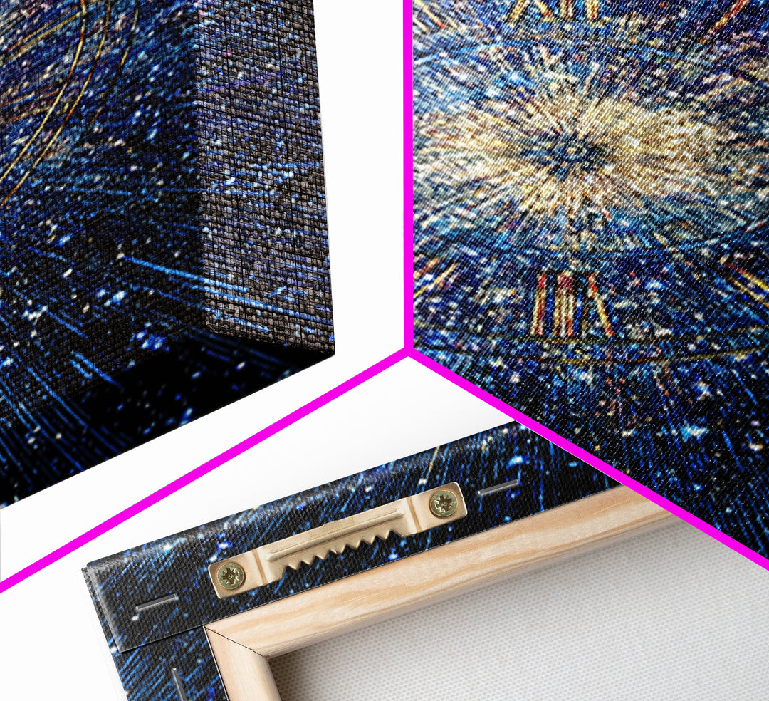Blue Galaxy Roman Numeral Clock Canvas Print, Celestial Space Wall Art, Cosmic Starburst Poster, Modern Home Office Decor
