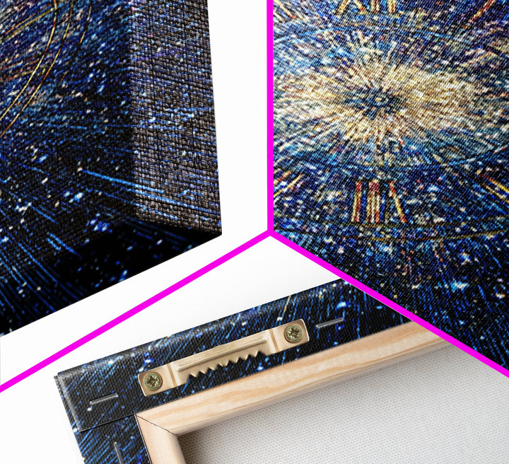 Blue Galaxy Roman Numeral Clock Canvas Print, Celestial Space Wall Art, Cosmic Starburst Poster, Modern Home Office Decor