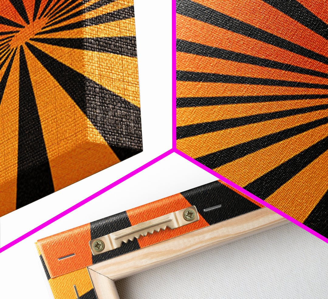 Orange Black Op Art Sunburst Canvas Print, Retro Wall Art, Geometric Art Print, Bold Mcm Decor, 70s Poster, Funky Wall Decor