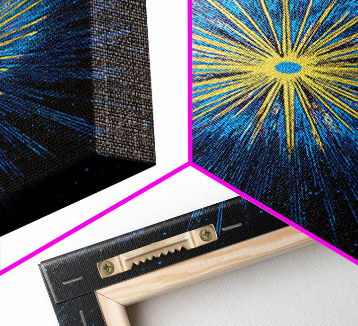 Blue Yellow Cosmic Starburst Wall Art, Space Abstract Art, Modern Digital Art, Retro Sci Fi Poster, Kids Room Decor, Large Print