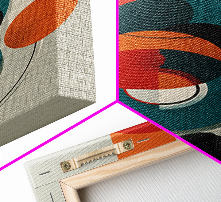 Orange Teal Geometric Circles Framed Canvas Print, Midcentury Modern Wall Art, Bauhaus Abstract Decor, Retro Home Decor Print