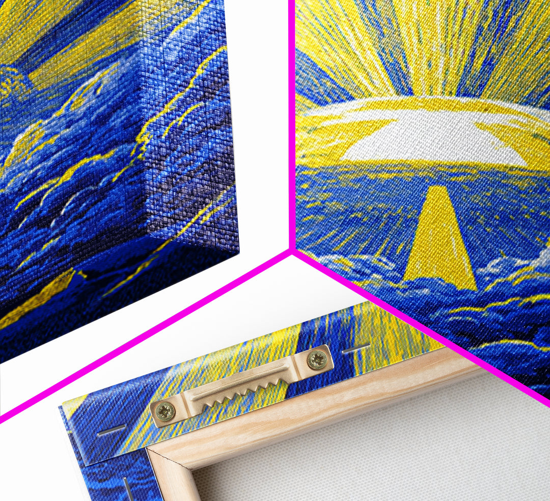 Blue Yellow Celestial Sunburst Canvas Print, Mid Century Modern Wall Decor, Abstract Sun Rays, Cosmic Retro Poster For Living Room