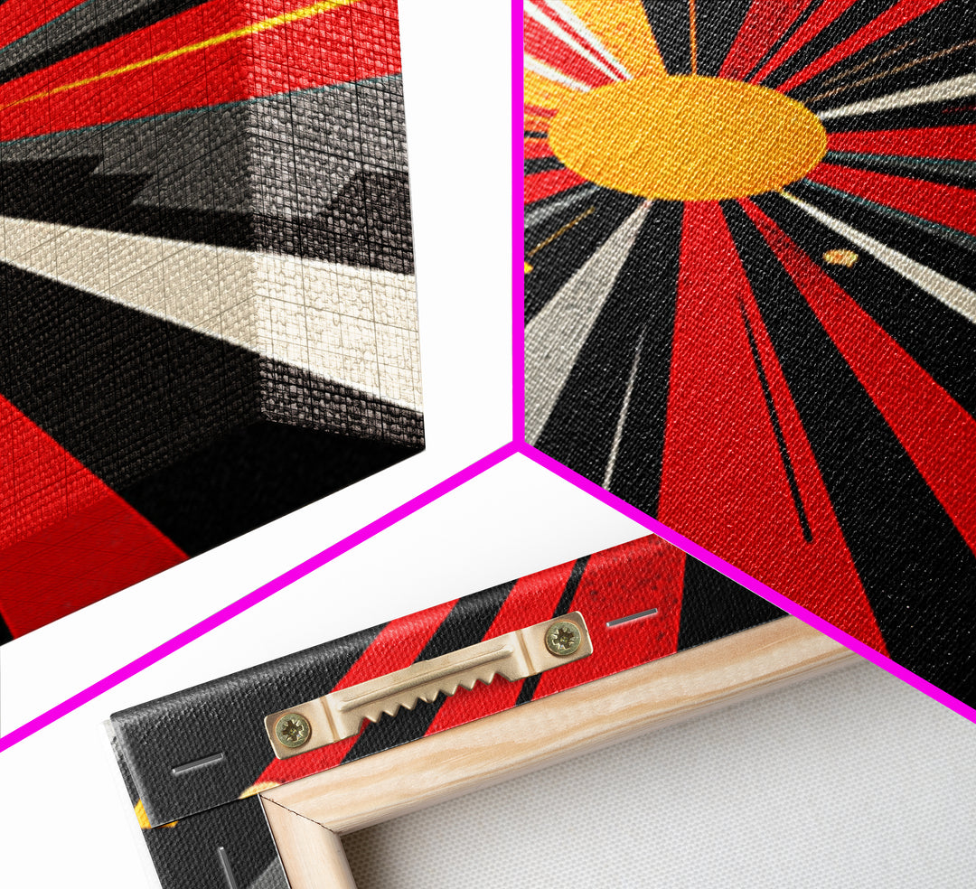 Atomic Red Black Starburst Canvas Print, Mid Century Modern Abstract Wall Art, Geometric Space Poster, Retro Bauhaus Decor