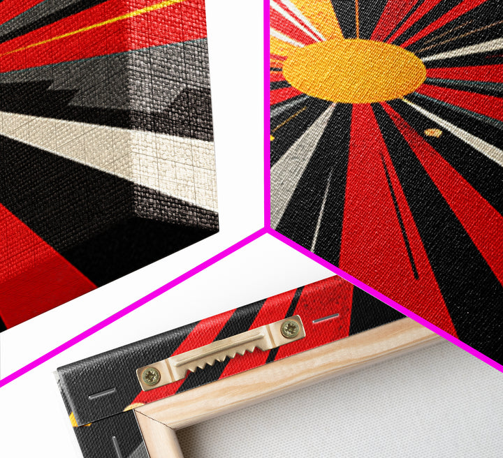 Atomic Red Black Starburst Canvas Print, Mid Century Modern Abstract Wall Art, Geometric Space Poster, Retro Bauhaus Decor