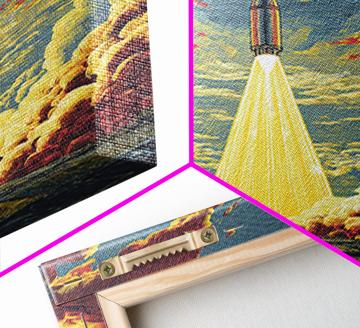 Golden Rocket Launch Framed Canvas Print, Mid Century Modern Space Wall Art, Retro Sci Fi Poster, Dramatic Cloudscape Decor