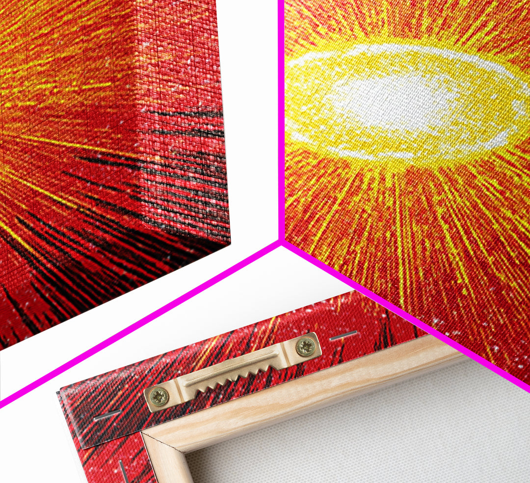 Blazing Red Solar Sun Wall Art, Mid Century Modern Abstract Poster, Orange Yellow Energy Rays, Atomic Retro Decor Print Gift