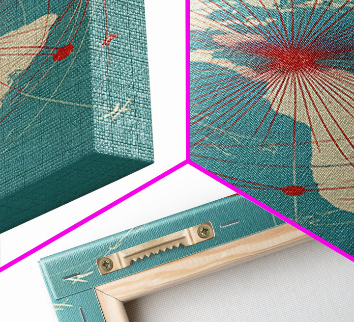 Retro Americas Flight Route Map Canvas Print, Midcentury Modern Travel Wall Decor, Teal Red Atomic Aviation Poster For Office