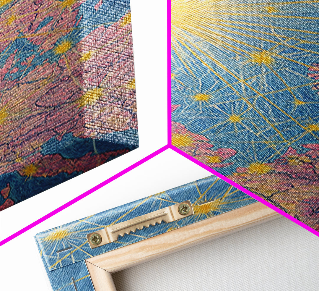 Europe Flight Route Map Canvas Print, Midcentury Modern Travel Wall Decor, Blue Pink Atomic Aviation Poster For Office Living Room