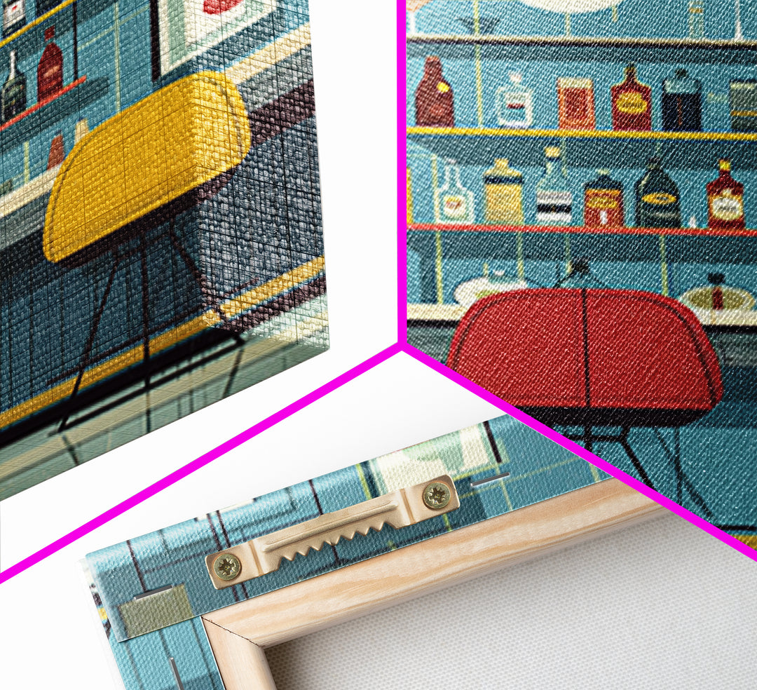 Colorful Retro Cocktail Bar With Three Chairs Canvas Print, Midcentury Modern Wall Decor, Bar Cart Art, Kitchen Poster Gift