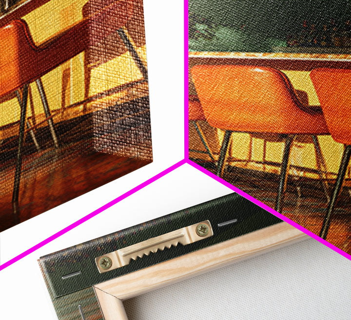 Green And Orange Sunlit Cocktail Bar With Stools Canvas Print, Midcentury Modern Wall Art, Retro Decor, Warm Lounge Poster