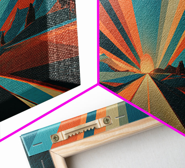 Retro Desert Road Sunburst Canvas Print, Midcentury Modern Wall Art, Orange Teal Landscape Poster, Palm Springs Decor Gift
