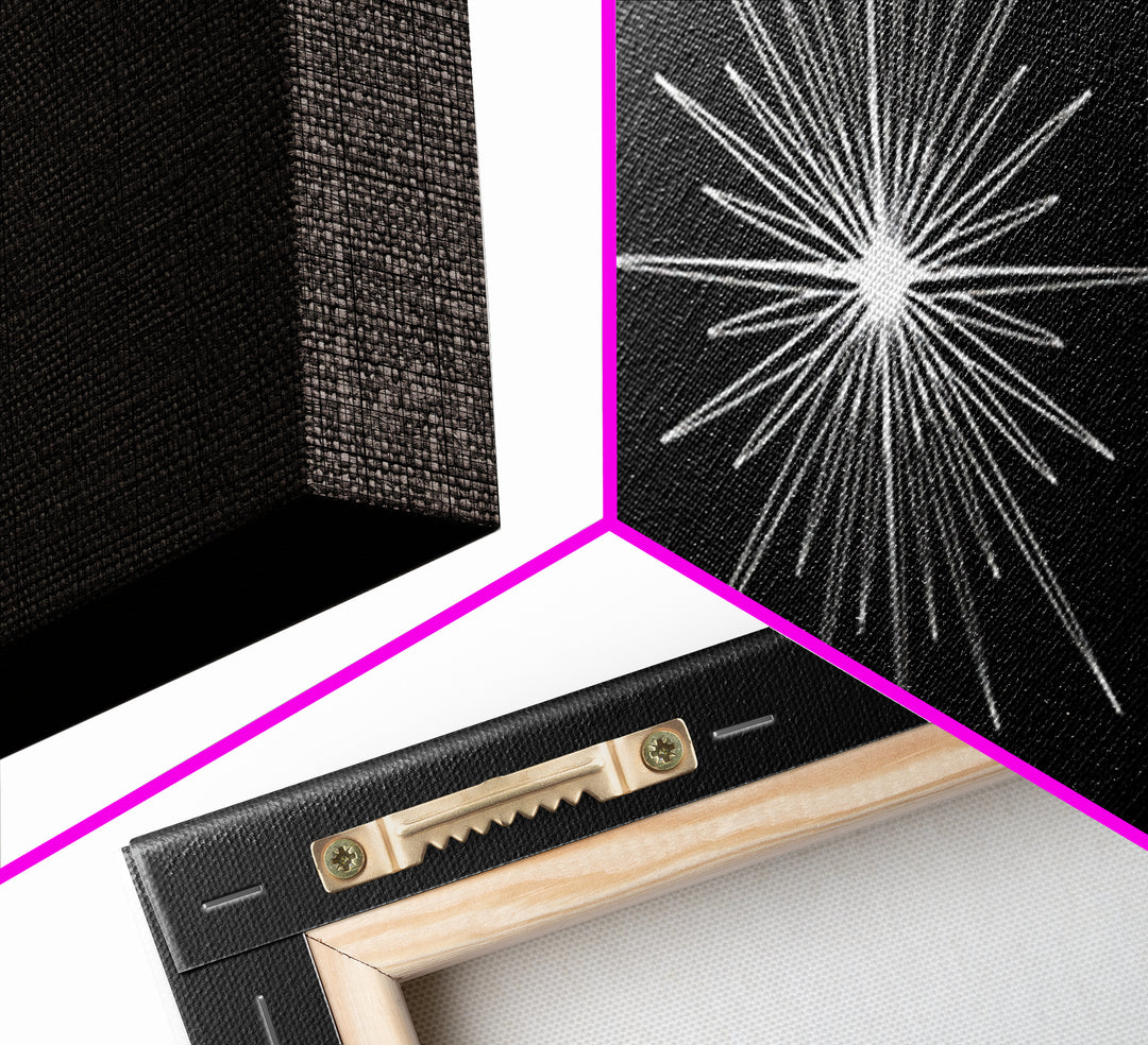White Atomic Starburst On Black Wall Art, Mid Century Modern Decor, Retro Geometric Print, Minimalist MCM Wall Decor, Abstract Art