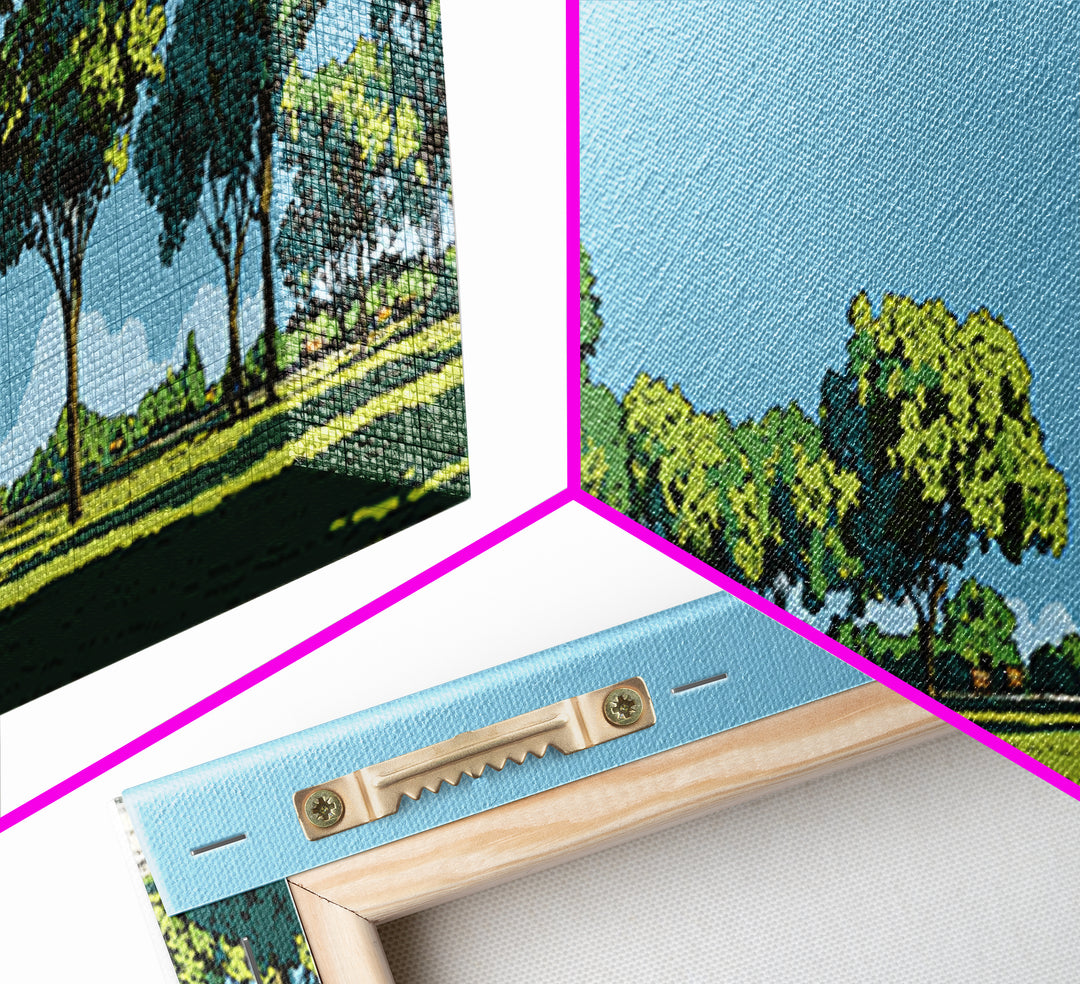 Sunny Green Park With Benches Wall Art, Mid Century Modern Landscape Print, Nature Wall Decor, Scenic Living Room Art, Office Decor