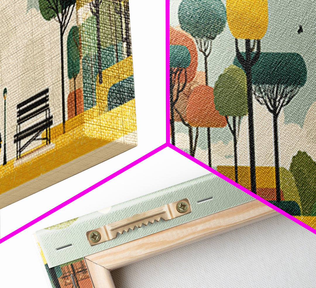 Autumn Modern Park With Benches Canvas Print, Mid Century Modern Art, Scandinavian Landscape Poster, Colorful Nature Decor