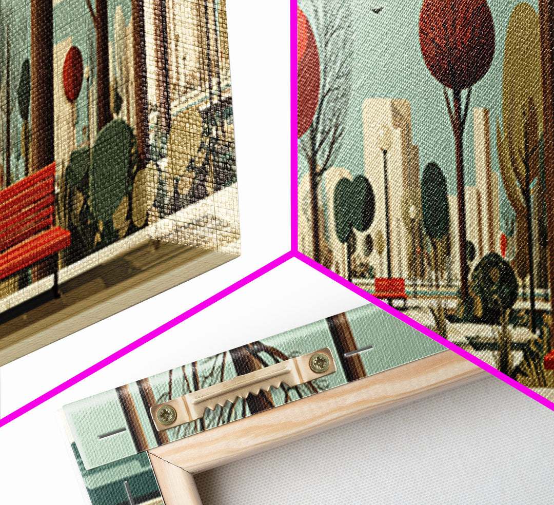 Red Bench City Park In Autumn Wall Art, Mid Century Modern Landscape Print, Retro Urban Poster, Colorful Living Room Decor