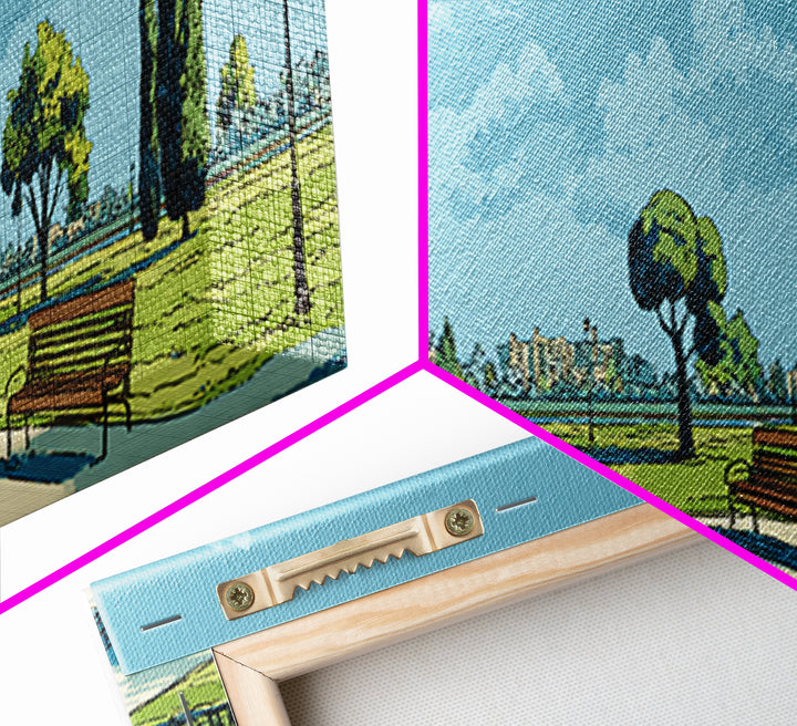 Blue Lakeside Park With Benches Wall Art, Mid Century Modern Landscape Print, Scenic Nature Poster, Home Office Wall Decor