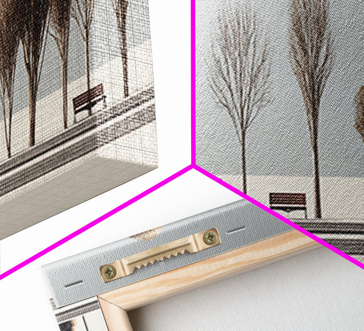 Minimal Winter Promenade With Bare Trees And Benches Wall Art, Modern Landscape Print, Scandinavian Decor, Office Art, Home Decor